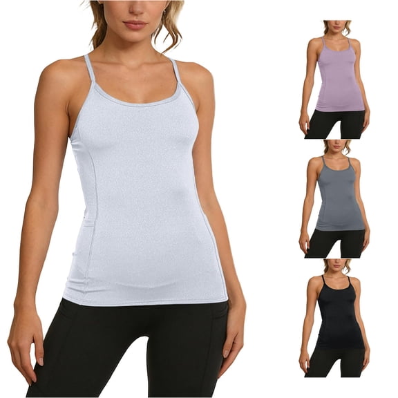 LiuXxxx Women's Seamless Workout Tank Top with Built In Bra Side Pockets for Yoga Running Fitness Dance White S