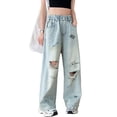thumbnail image 4 of LIJCC Kid Girls Cool Ripped Baggy Jeans Wide Leg High Elastic Waisted Washed Denim Pants with Pockets Cute Letter Graphic Y2K Streetwear Trousers, 4 of 7