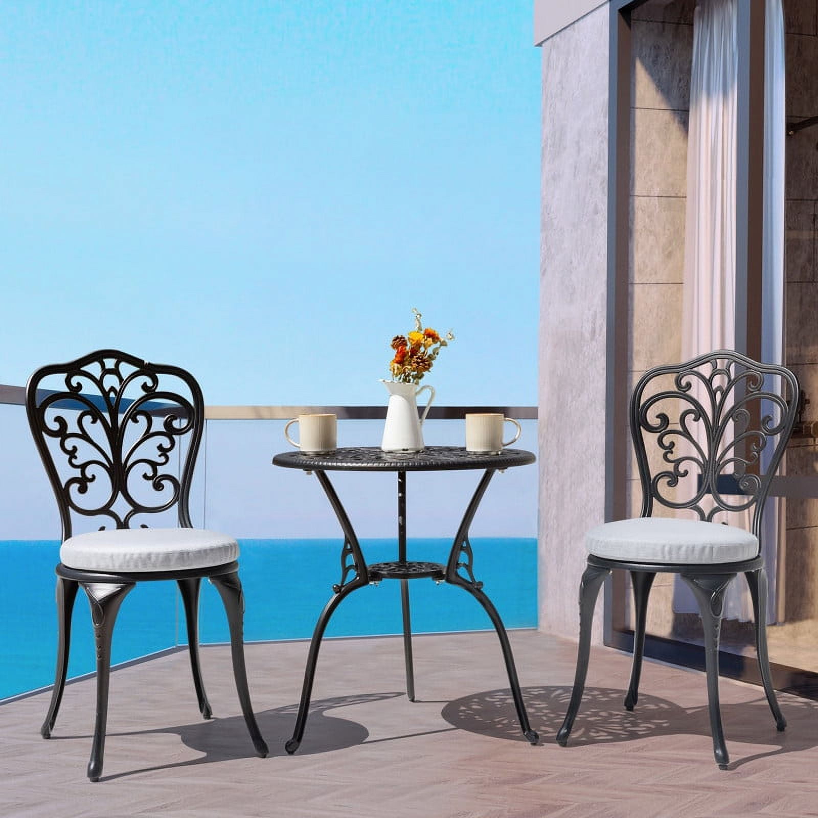 Nuu Garden 3-Piece Outdoor Bistro Set with 1.4'' Thick Cushions, Round 24 Inch Cast Aluminum Round Table with 1.77'' Umbrella Hole and 2 Cast Aluminum Armless Chairs, Black