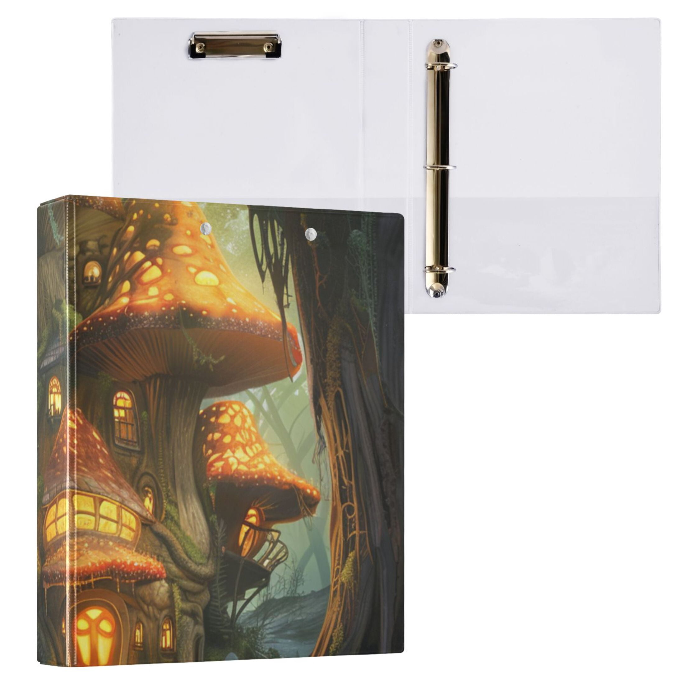 Forest Mushrooms House 3 Ring Binders 1.5 inch Hardcover File Folders with Interior Pockets A4 Size Organizer for School Office Hospital