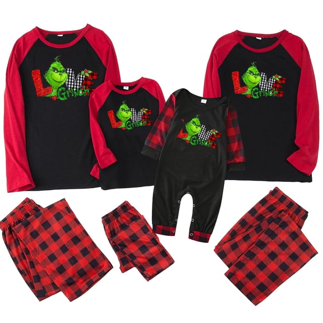 Conjuntos de pijamas navideños familiares a juego Grinch 2024, pijama de Grinch con parte superior y pantalones de pijama a cuadros, pijama de Grinch para niños y adultos para la familia, 9 Meses