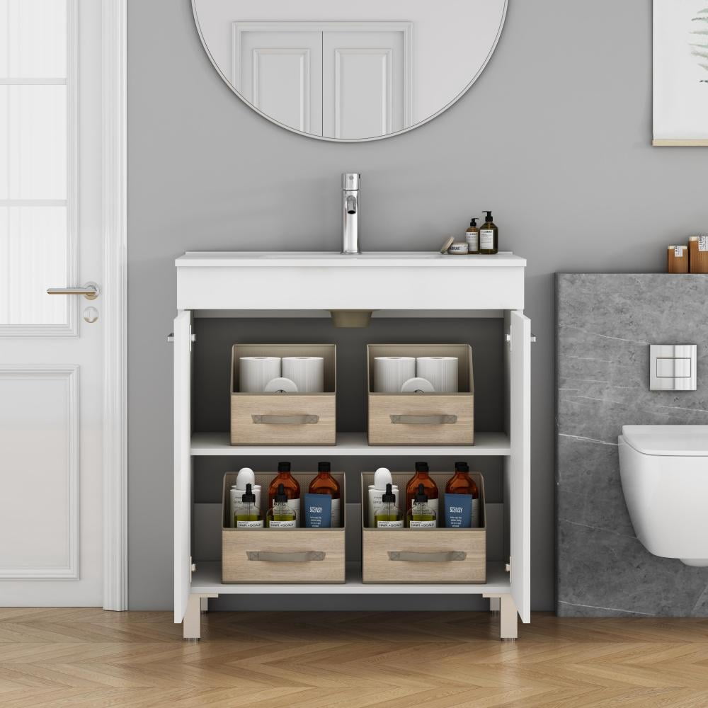 32-Inch Floor-Mounted Bathroom Vanity with Sink Combo,Double Doors With Soft Close Hinges,Bathroom Cabinet With Adjust Shelf,Metal Handle ,Ceramic Basin,Adjustable Silver Feet,Glossy White