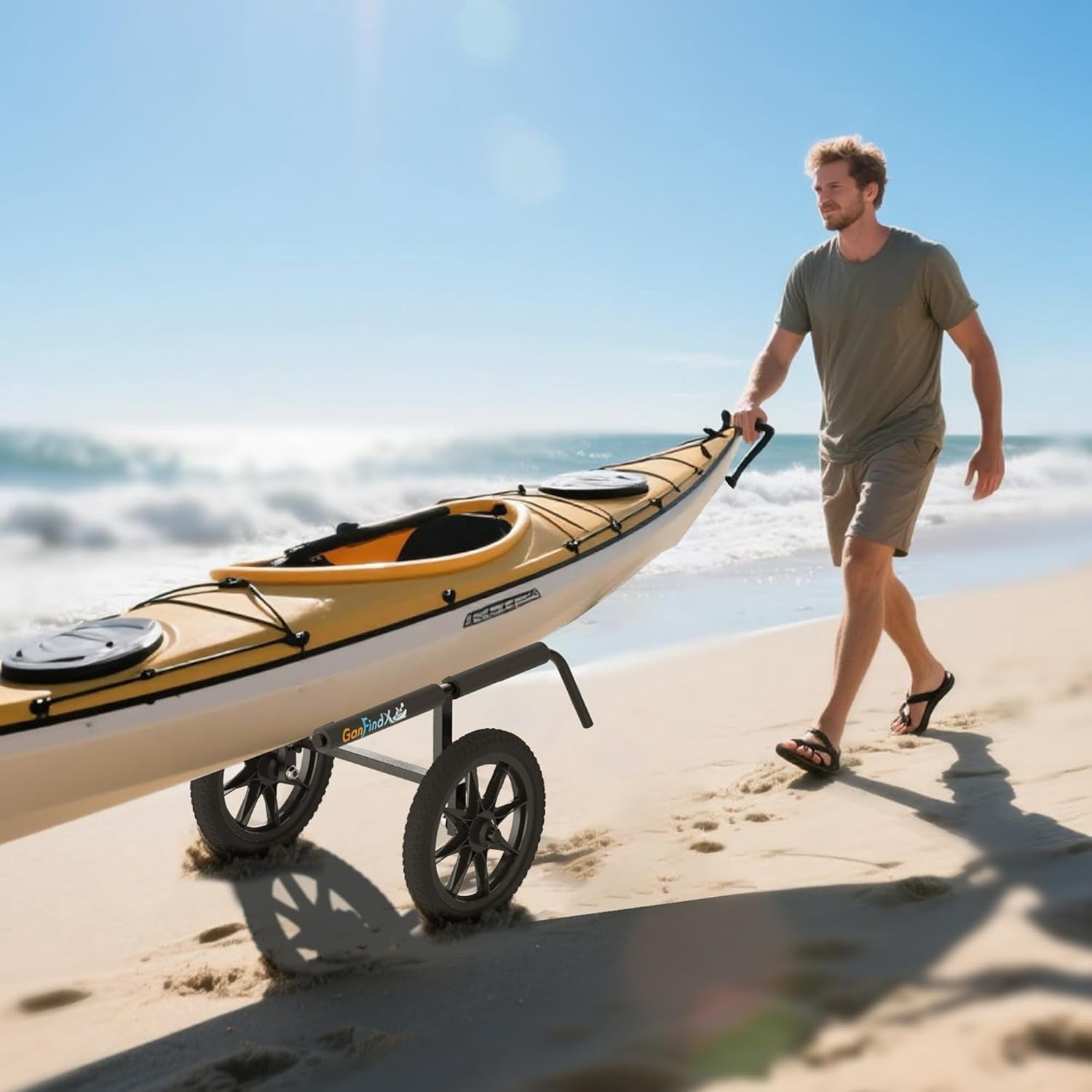 GanFindX Kayak Cart with Solid Foam Wheels, Detachable Canoe Trolley Carrier, Heavy Duty Kayak Dolly Transport with Upright Frame & Crossbar for All Terrain