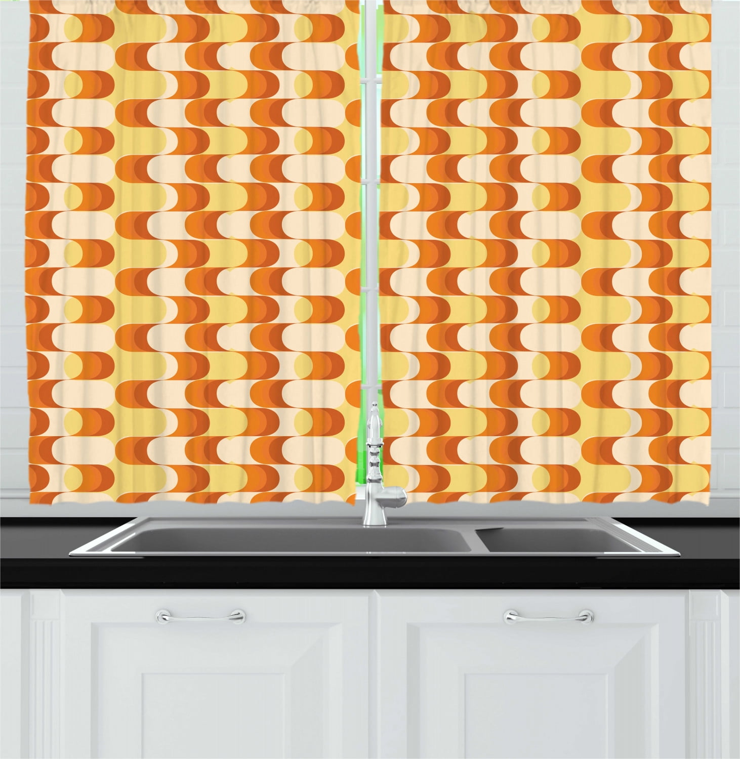 Retro Curtains 2 Panels Set, Wavy Pattern Half Moon Shapes Vintage Art Graphic Design in Different Tones, Window Drapes for Living Room Bedroom, 55W X 39L Inches, Orange Yellow Dust, by Ambesonne