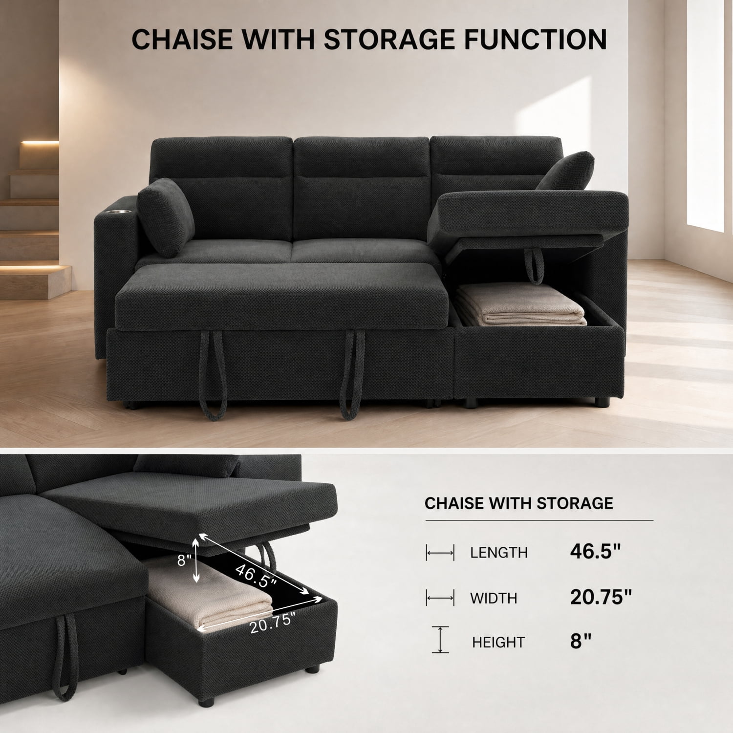 Leumius 82.5" Sectional Sofa with Pull-Out Bed,L-Shaped Sofa with Storage Chaise, Cup Holders and 2 Pillows,Dark Gray