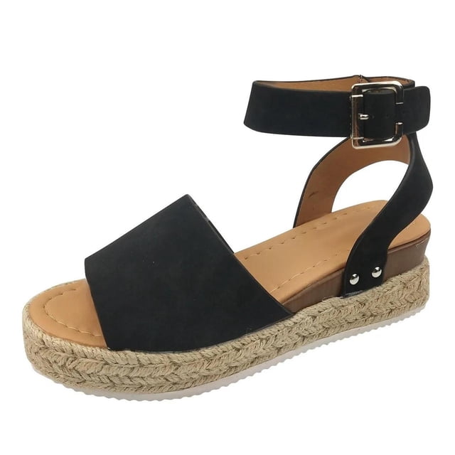 Penkiiy Sandale Décontractée à Plateforme Compensée pour Femme, Bout Ouvert, Bride à la Cheville avec Boucle, Style Espadrilles, 42, Noir