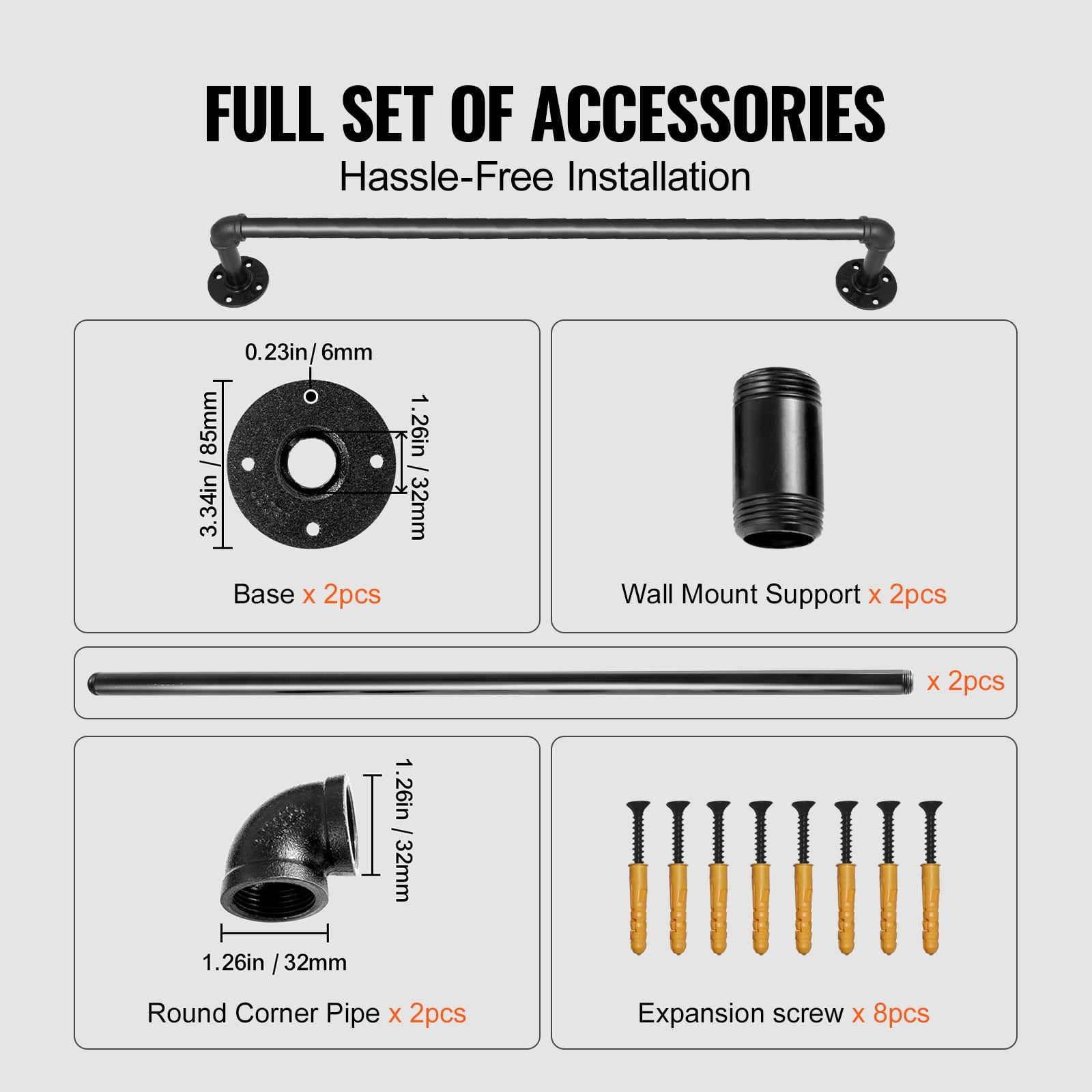 VEVOR Pipe Stair Handrail, 2ft Staircase Handrail, Industrial Pipe Handrail with Wall Mount Support, Round Corner Wall Handrailings for Indoor, Outdoor