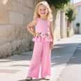 thumbnail image 2 of Faraee Infant Baby Toddler Girl 2 Piece Clothes Flower Linen Summer Outfits Sleeveless Ruffle Halter Tops Wide Leg Pants Kids Clothing Set 2-7 Years Pink, 2 of 9