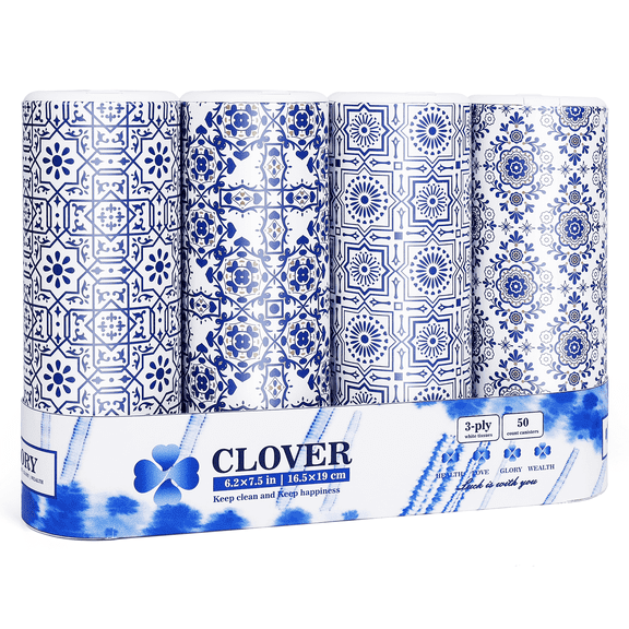 Clover Cylinder Facial Tissues for Car or Small Space，4 Tubes 3-Ply White&Blue Car Tissus for Travel