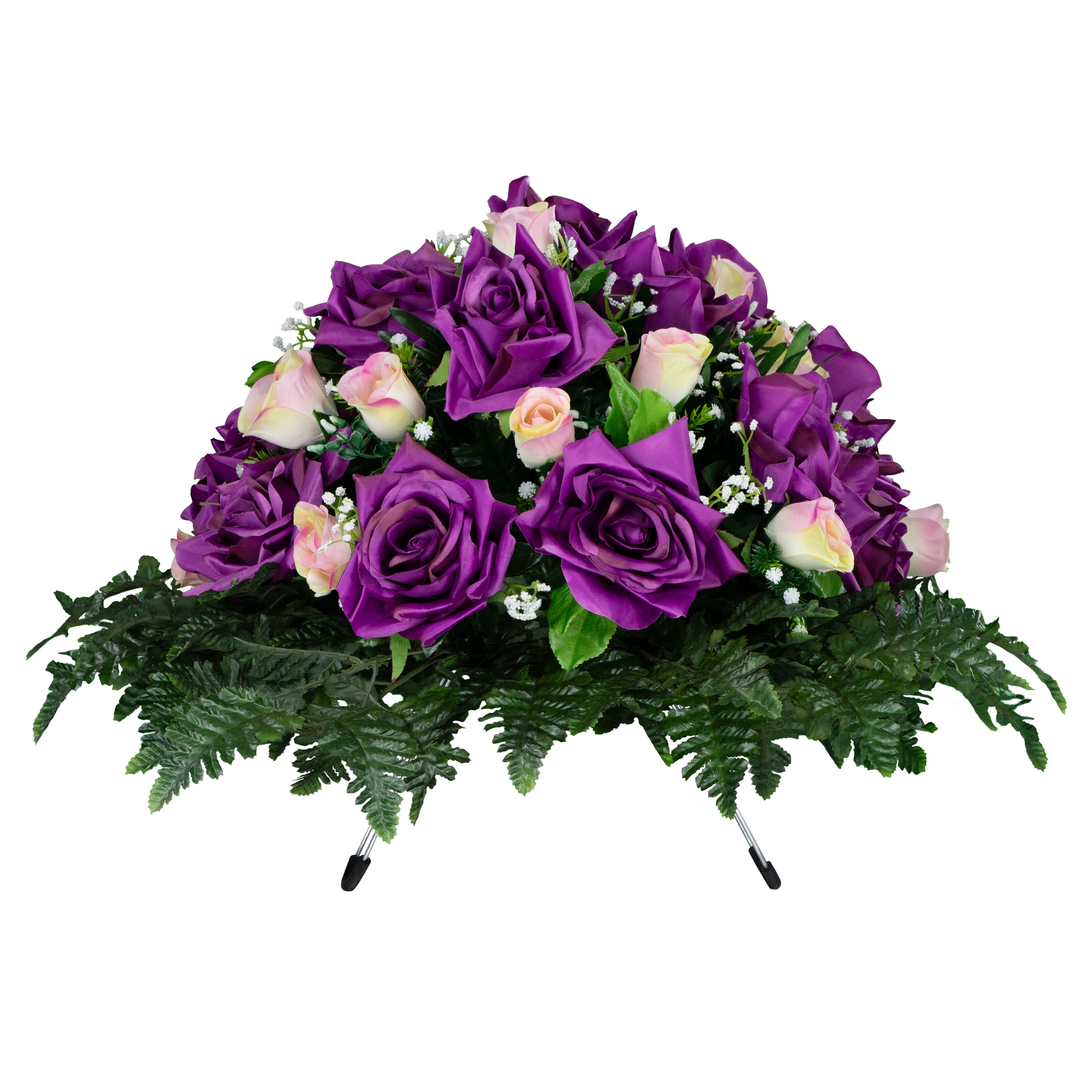 Sympathy Silks Artificial Cemetery Flowers - Purple Open Roses and Cream Pink Rose Buds - Outdoor Saddle for Headstone