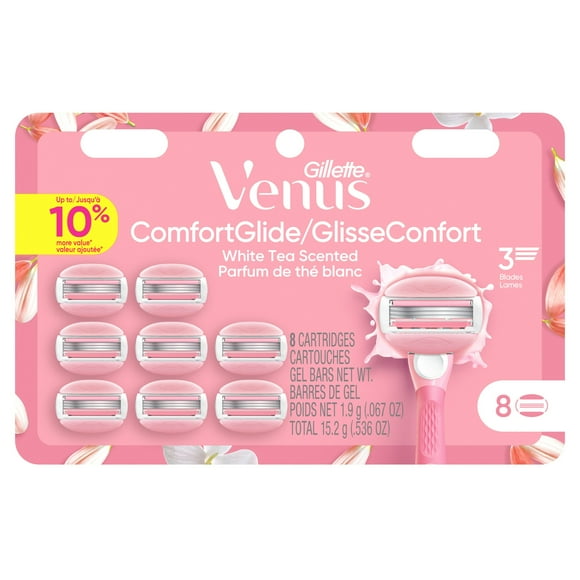 Cartouches de rechange de rasoir Venus ComfortGlide, parfum thé blanc, pour femmes, avec barres de gel à raser intégrées, 8unités 8CT