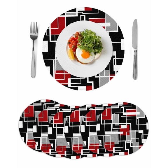 Red Black Geometric Round 15 Inch Placemats Set of 6, Modern Color Block Abstract HeatResistant Non Slip Place Mats for Dining Table, Wipeable Braided Kitchen Table Mats for Housewarming