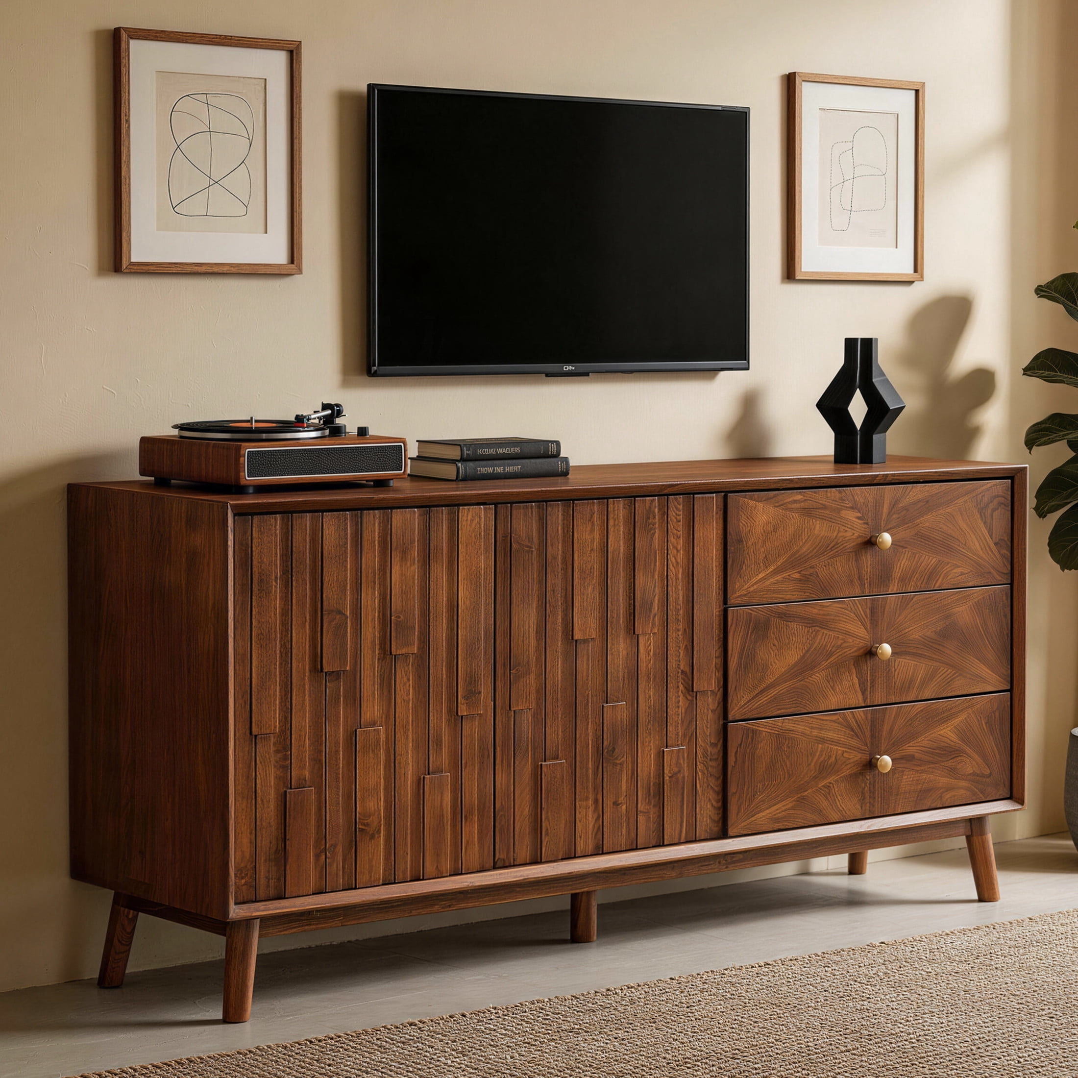 Noble House Nelly 56" Mid Century Modern TV Stand, Entertainment Center with Drawers, Media Console Sideboard, Walnut