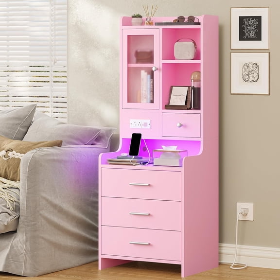 49.2" Tall Nightstand with Bookshelf for Bedrooms,Night Stand with Charging Station and LED Lights,Bedside Table with Drawers,End Side Table,Pink