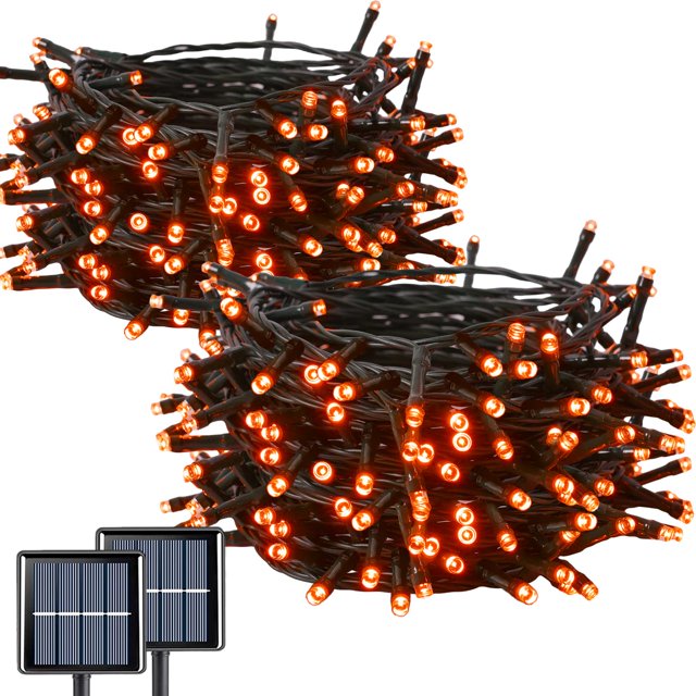 Guirnalda de luces solares QITONG, paquete de 2, 23 m, 200 LED, naranja
