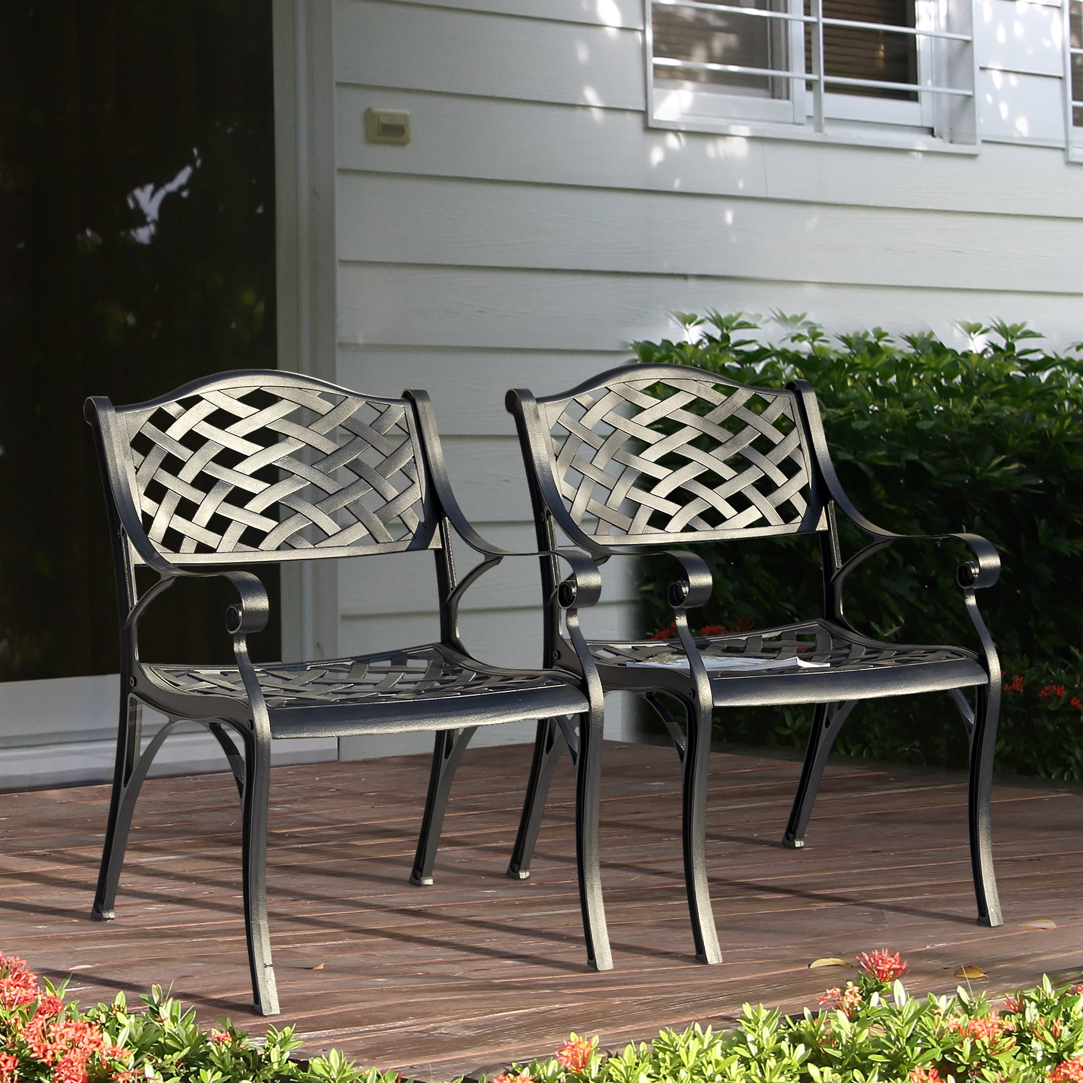 Nuu Garden 2 Piece Bistro and Dining Chairs Set, Aluminum Outdoor Indoor Patio Chairs with Arms for Garden, Backyard, Porch, Black with Gold Speckles