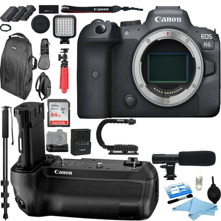 Canon EOS R6 Mirrorless Digital Camera (Body Only) with Canon BG:R:10 Battery Grip | Monopod | Microphone | Sandisk 64GB Essential Bundle