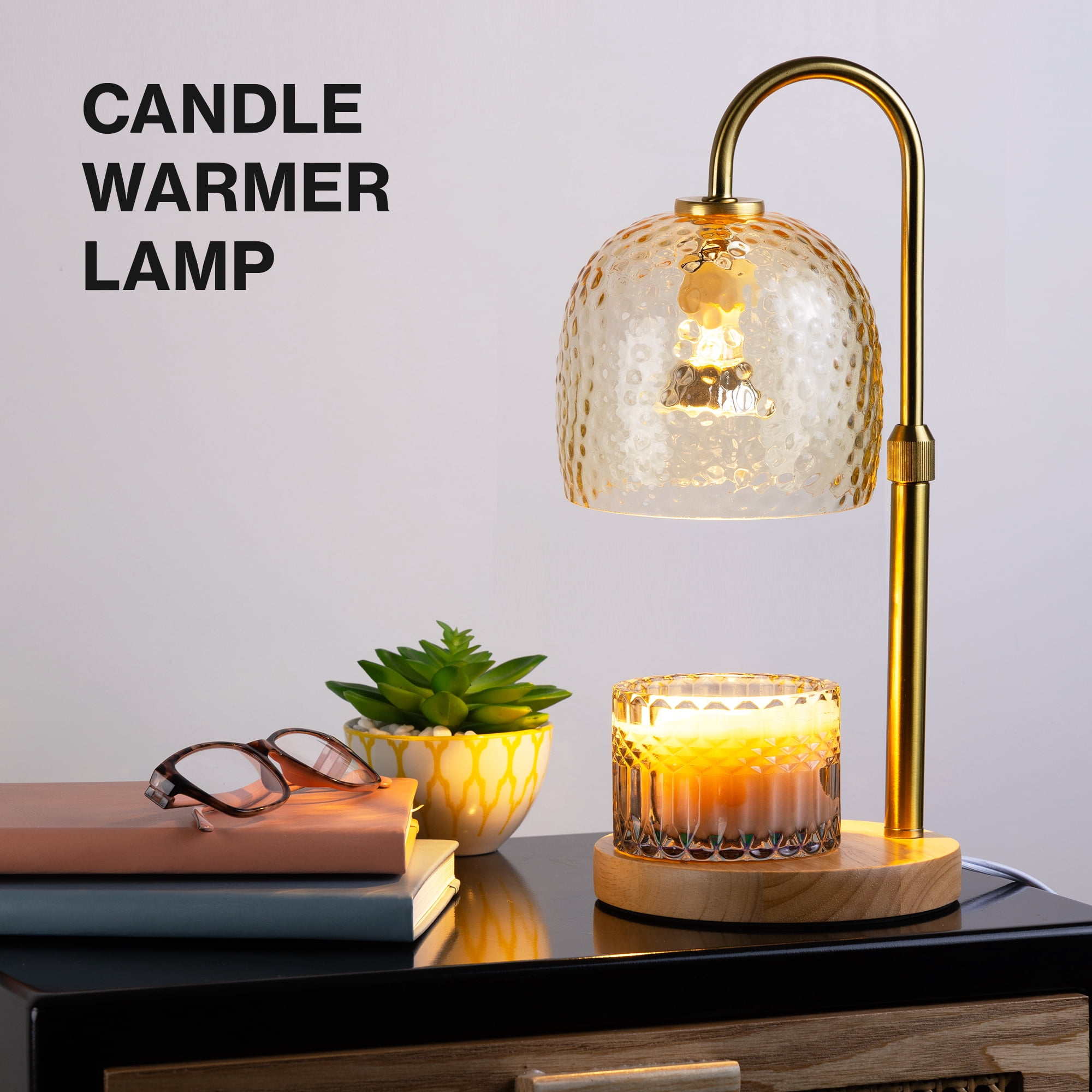 Better Homes & Gardens Amber Hammered Glass Candle Warmer Lamp with Adjustable Height & Light Wood Base
