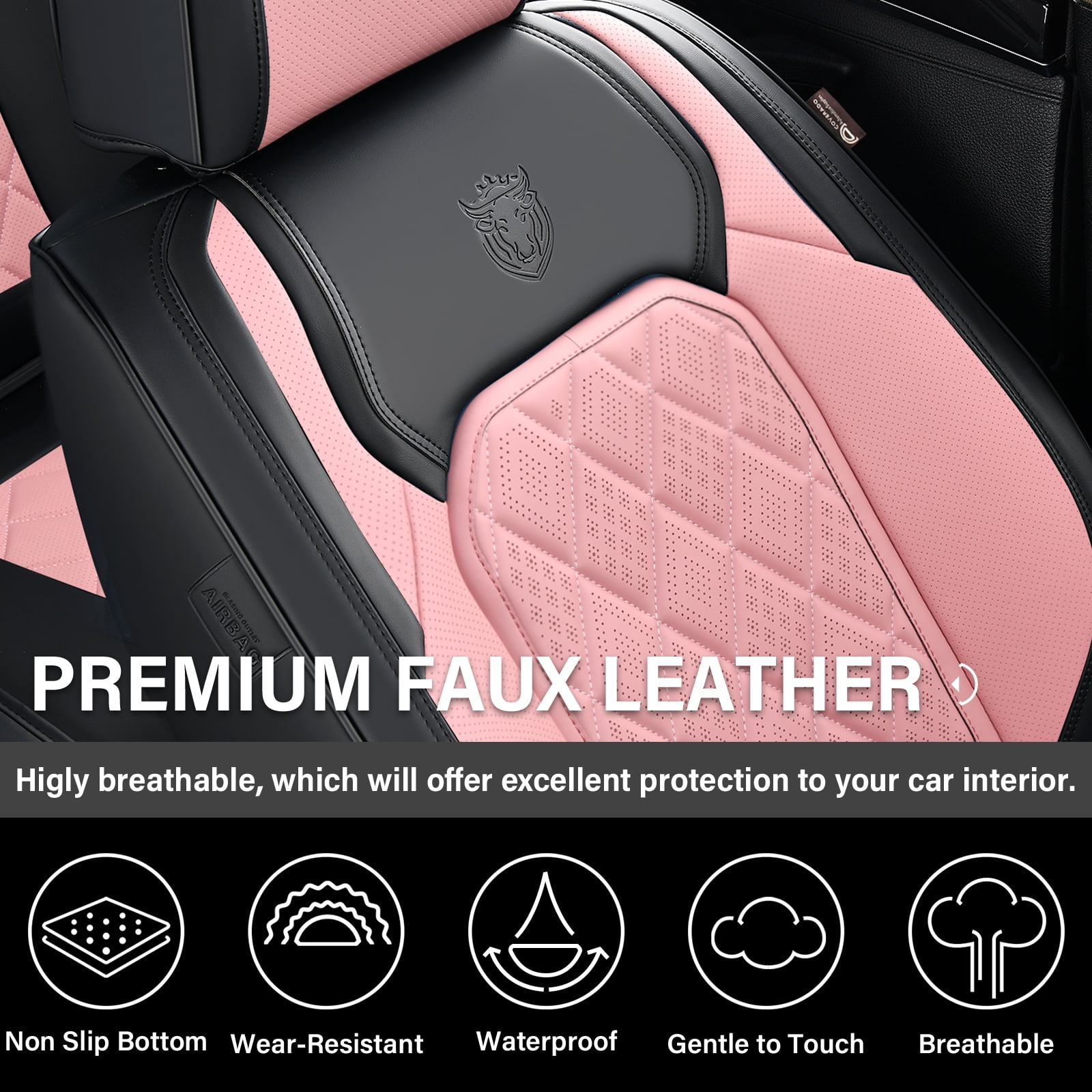 Coverado Front Car Seat Covers, Waterproof Premium Leather Seat Cushions, 6 Pieces Auto Interior Protectors Universal Fit Most Cars, Suvs, Pickup Trucks, Black&Pink