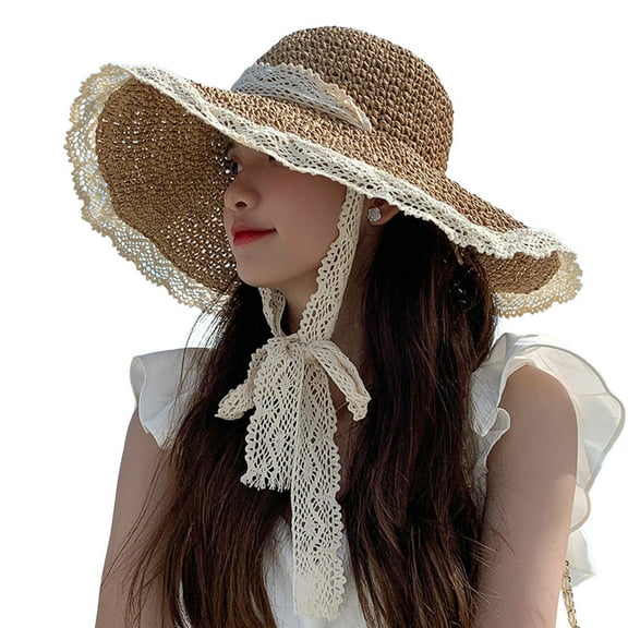 Wide Brim Sun Hats for Women - Floppy Straw Hat with Lace Trim Tied Up