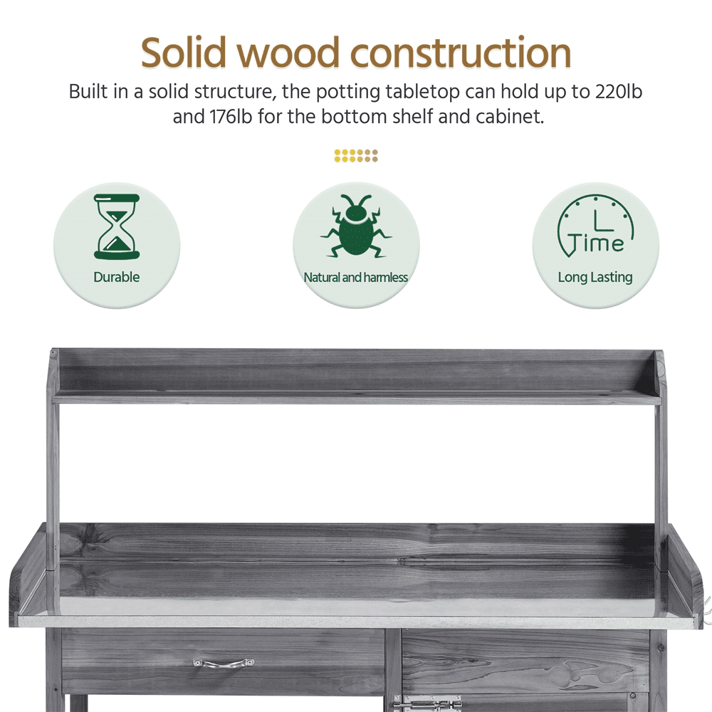 Renwick Potting Bench, Garden Work Table with Storage Cabinet, Open Shelf & Hooks，Gray