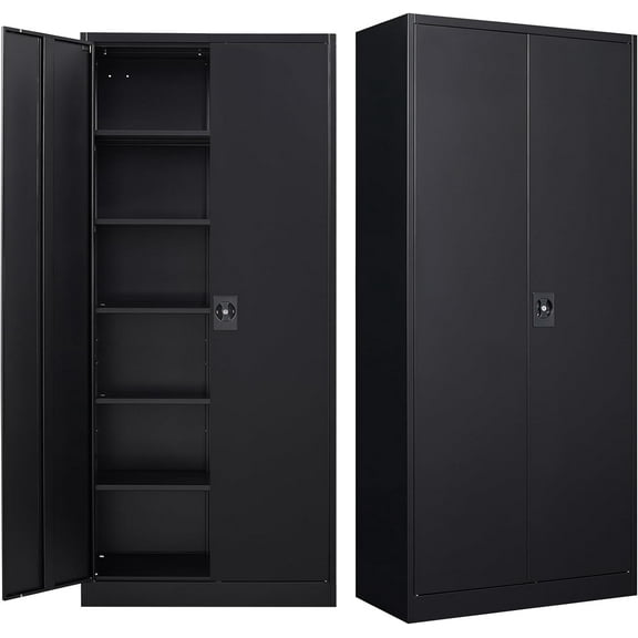 MIIIKO Metal Cabinet for Storage, Locking Door Tall Steel Storage Cabinet with 5 Shelves, Black Garage Cabinet Organizer, 71" Heavy Duty Utility Cabinets with Lock 2 Doors