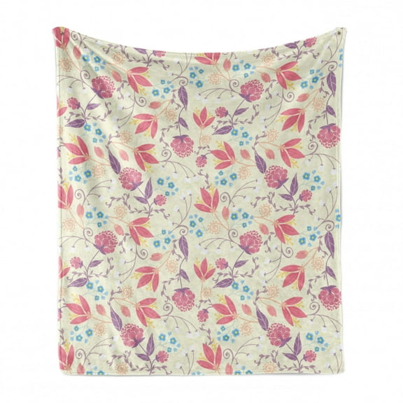 Pastel Soft Flannel Fleece Throw Blanket, Fresh Spring Field Gardening Plants Flowers Retro Tulip Peony Blossoms Twigs, Cozy Plush for Indoor and Outdoor Use, 50" x 70", Multicolor, by Ambesonne