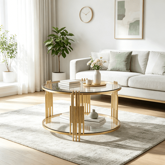 Asymmetrical Metal Frame Coffee Table, Round Gold Drum Base with Clear Glass Top