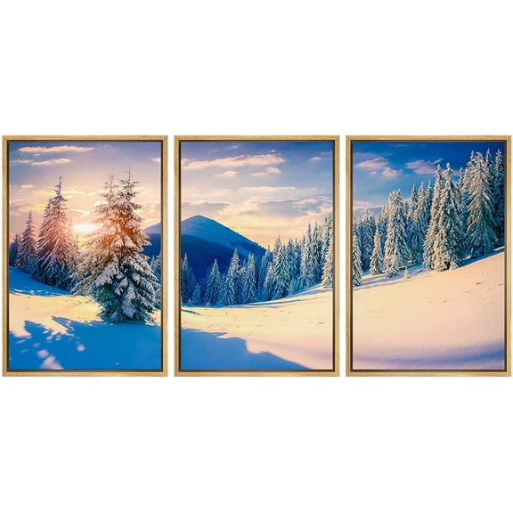 wall26 Framed Canvas Print Wall Art Set Winter Mountain Range Forest Sunset Nature Wilderness Photography Realism Rustic Landscape Colorful Cool for Living Room, Bedroom, Office - 16"x24"x3