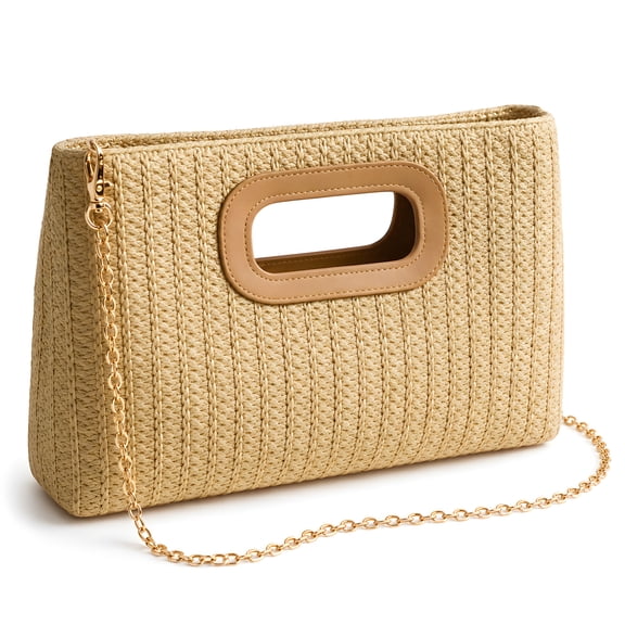 Soda Candy Women Straw Clutch Purse with Top Handle Evening Handbag Shoulder Crossbody Bag with Detachable Gold Chain for Summer Wedding Beach