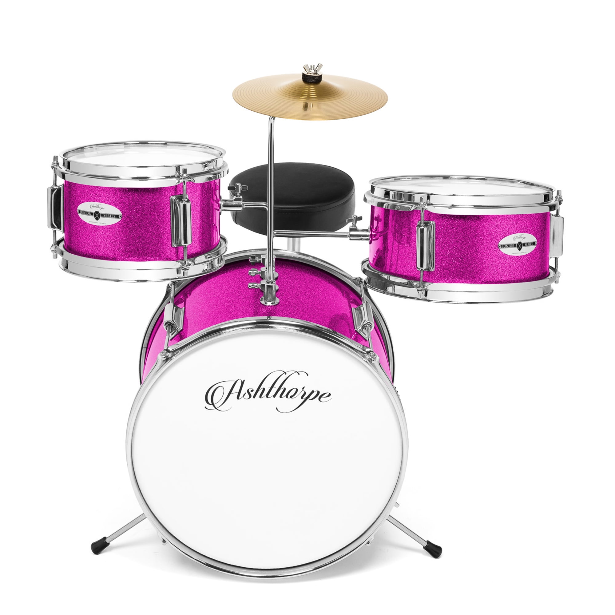 Ashthorpe 3-Piece Complete Junior Drum Set - Beginner Kit with Drummer's Throne - Pink