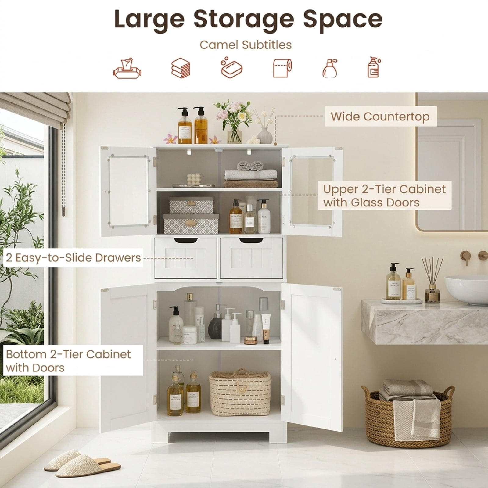 Vebreda Freestanding Bathroom Storage Cabinet, 4 Door Freestanding Bathroom Floor Storage Cabinet with 2 Drawers and Glass Doors