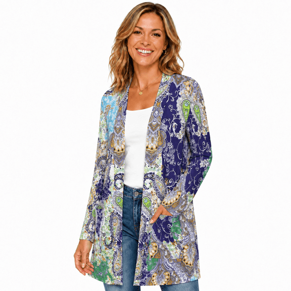 Women's Plus Size Purple Boho Paisley Cardigan, Long Sleeve Open Front Tunic with Pockets