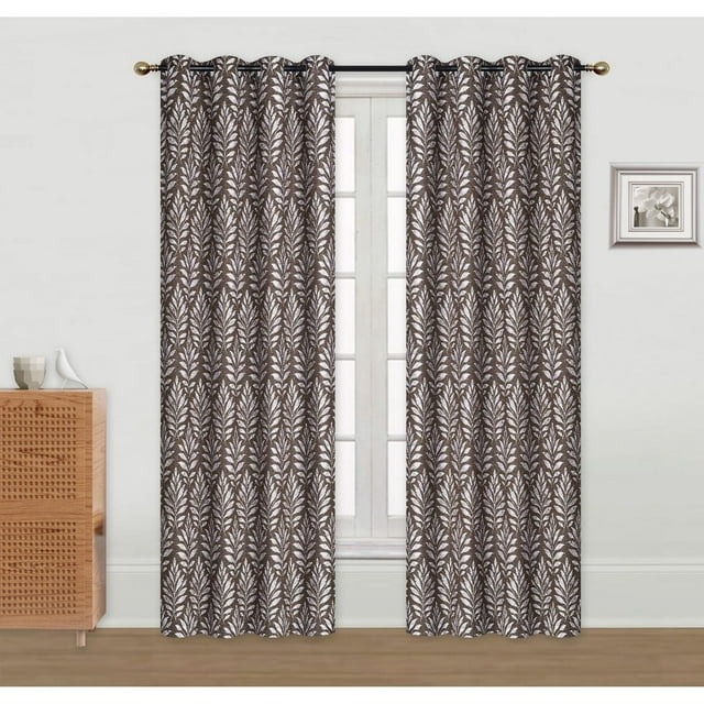 Set of two 84-inch chocolate curtains with embroidered white fern patterns, hung on a black curtain rod over a window.