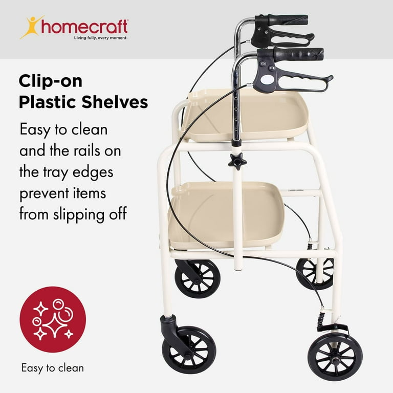 Homecraft Four Wheeled Rollator Walker With Cable Brakes, Padded Seat And Backrest, Underseat Basket, Lightweight Foldable Aluminium Frame, Lockable Brakes, Walking Mobility Aid, Swivel Wheels, Red