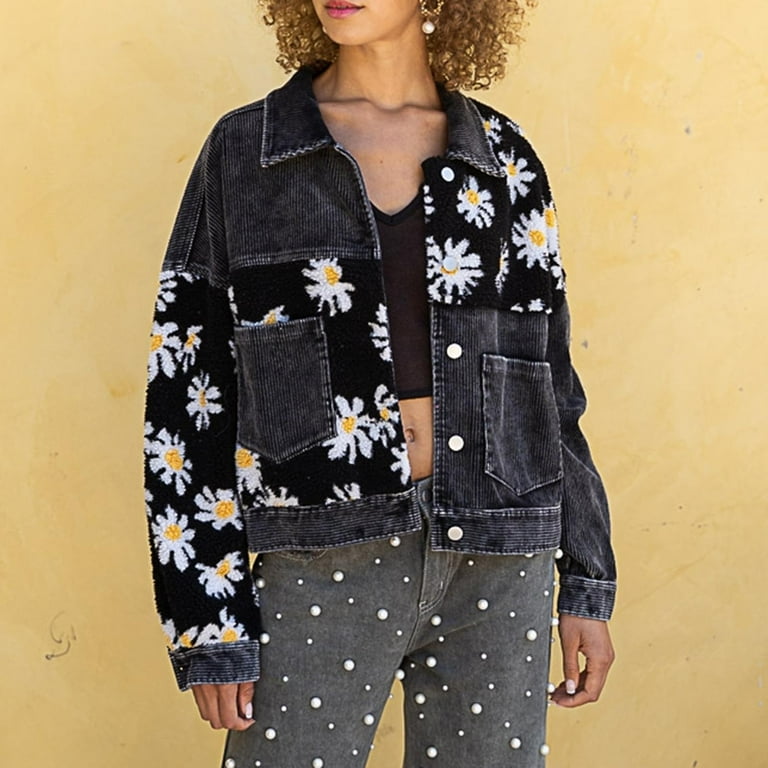 Women's 2025 Daisy Denim Jacket for Women Trendy Patchwork Floral