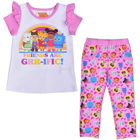 Daniel Tiger Friends Girls T-Shirt and Leggings Set, Matching Short Sleeve Tee and Pants with Pockets for Toddlers