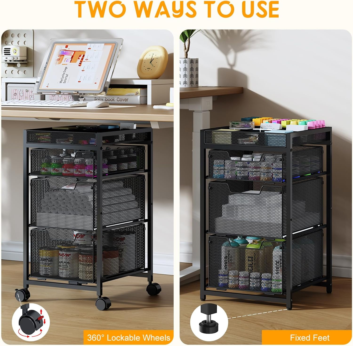 X-COSRACK 3-Drawer Rolling Utility Cart, Heavy-Duty Metal Craft Storage Organizer with DIY Adjustable Dividers & Wheels, Black