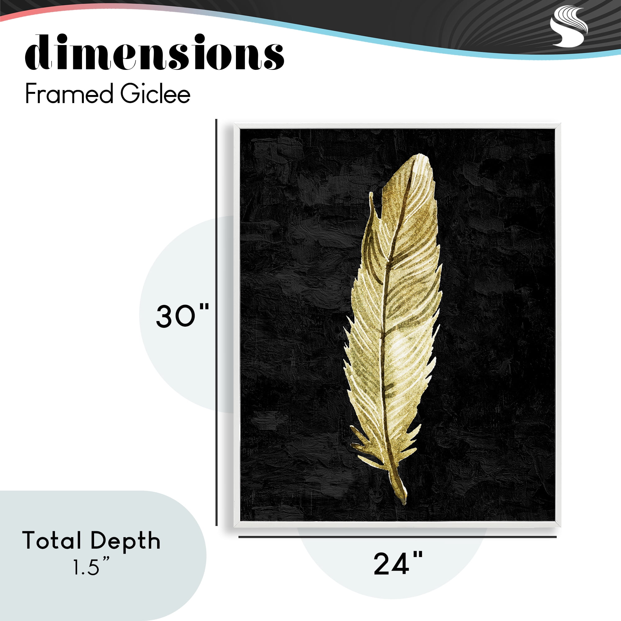 Curved Feather on Black White Framed Giclee Art, design by Kim Allen