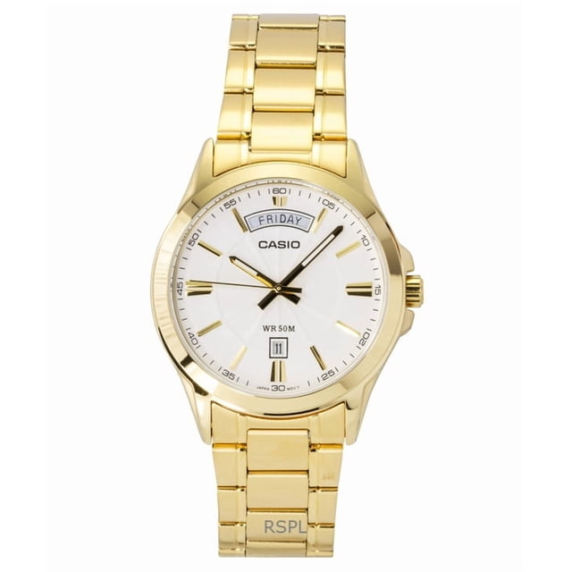 Casio Standard Montre pour Homme Analogique Ton Or Acier Inoxydable Cadran Blanc Quartz MTP-1381GD-7AV