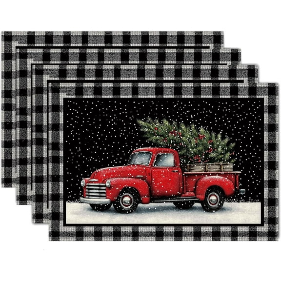 Christmas Red Truck Placemats Set of 4, Dining Table Placemat Easy to Clean,Christmas Tree Non Slip Place Mats Ideal for Indoor and Outdoor Dining Table Xmas Vintage Farm Holiday Decor