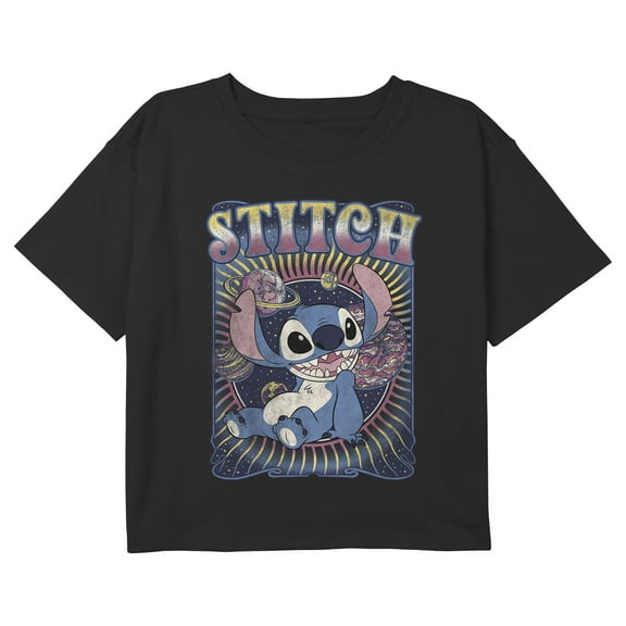 Girl's Lilo & Stitch Distressed Groovy Planets Stitch Graphic Cropped T-Shirt Black X Large
