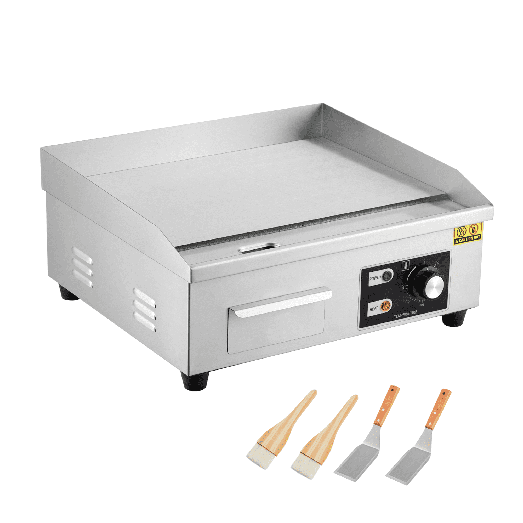 18" Commercial Electric Griddle, 1600W Stainless Steel Flat Top Teppanyaki Grill, Non-Stick, 122-572°F Adjustable Temp, Countertop BBQ, Includes 2 Shovels & 2 Brushes, for Kitchen & Restaurant