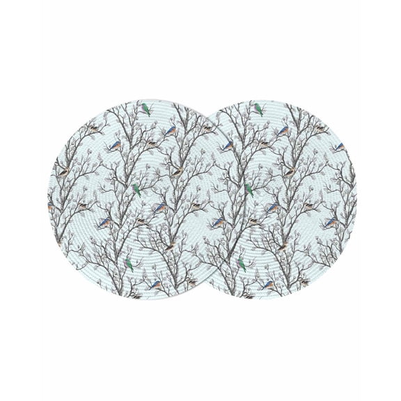 Natural Trees Branches Round 13 Inch Placemats Set of 2, Colored Birds Vintage Rustic Blue HeatResistant Non Slip Place Mats for Dining Table, Wipeable Braided Kitchen Table Mats for Housewarming