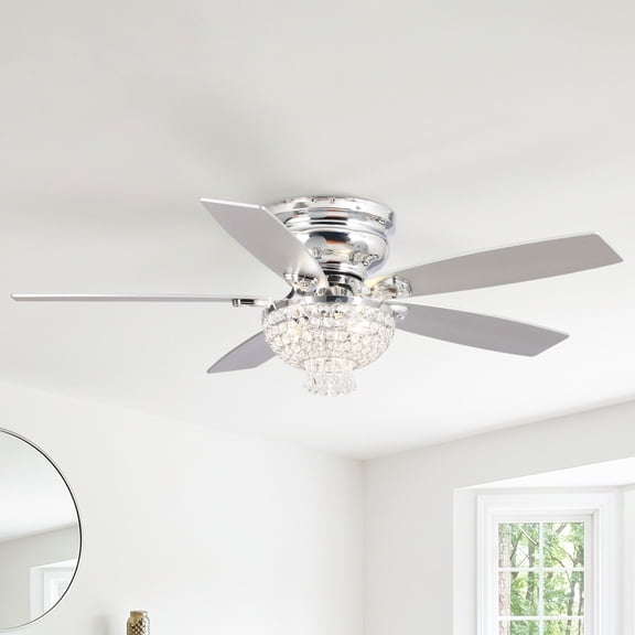 Parrot Uncle 52" Modern Chrome Flush Mount Chandelier Ceiling Fan with Lights and Remote, Low Profile Ceiling Fan for Bedroom, Living Room