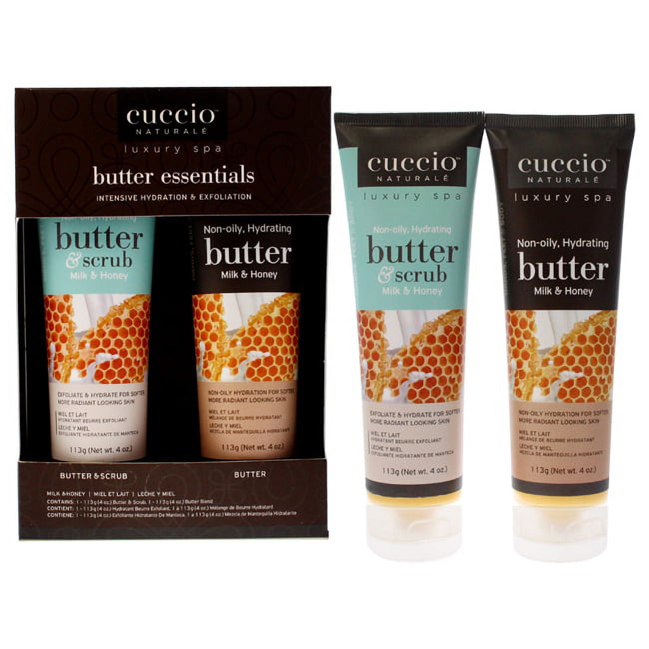 Cuccio Naturale Luxury Spa Butter Essentials Kit - Milk and Honey 4oz Butter Scrub, 4oz Butter 2 Pc
