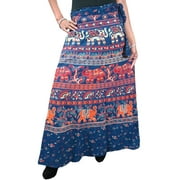 Mogul Women's Wrap Around Skirt Cotton Block Printed Blue Long Skirts Multi Wear