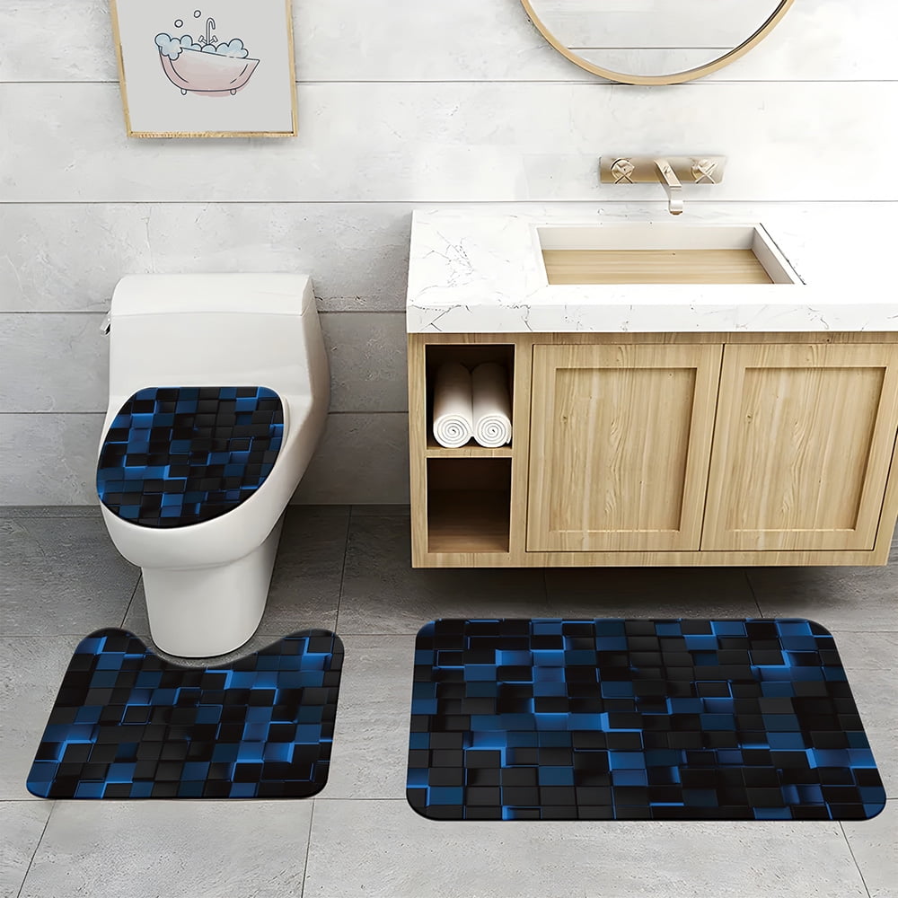4pcs Modern Blue and Black 3D Cube Shower Curtain Set for Bathroom