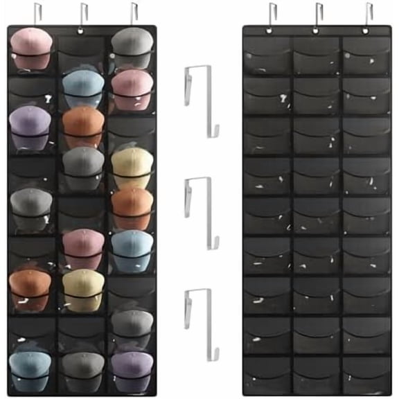 Hat Organizer for Baseball Caps, 27 Pocket Over The Door Hat Rack for Storage Closet Wall, Cap Holder Hanger with Large Clear Pockets & 3 Hooks, Hat Storage to Protect and Display, Black