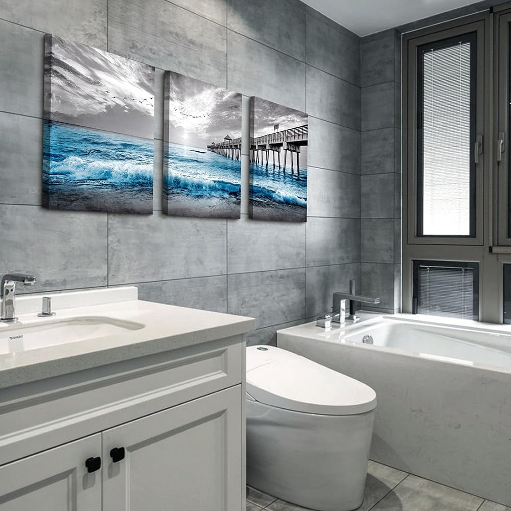 Black And White Beach Wall Paintings Wall Decorations For Living Room Canvas Wall Art For Bedroom Office Wall Decor Blue Ocean Sea Wave Pictures Prints Artwork Modern Home Decor 3 Piece